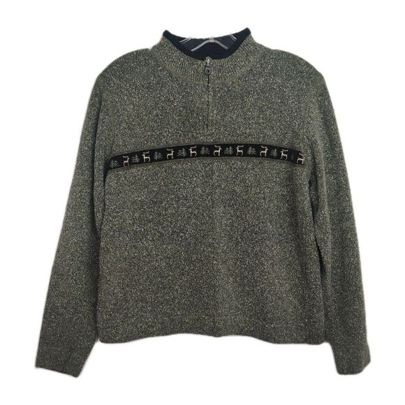 VTG Woolrich 1/4-Zip Mock Neck Sweater Women's L Green/Gray Embroidered Reindeer - Picture 1 of 9